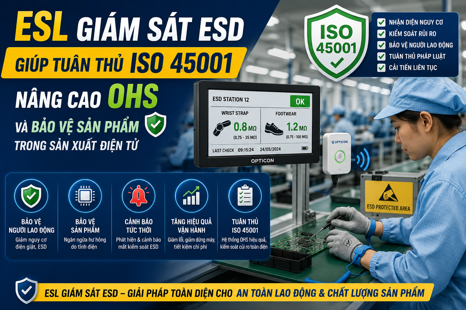 ESL giám sát ESD giúp tuân thủ ISO 45001, bảo vệ sản phẩm
