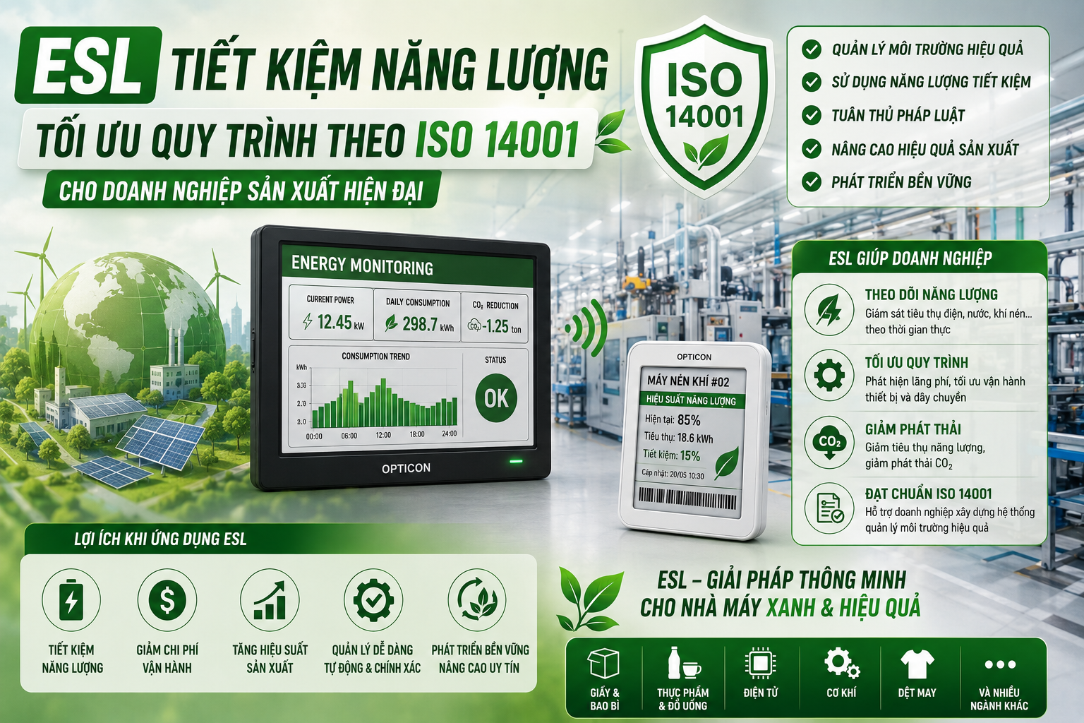 ESL tiết kiệm năng lượng, tối ưu quy trình theo ISO 14001 cho doanh nghiệp sản xuất hiện đại
